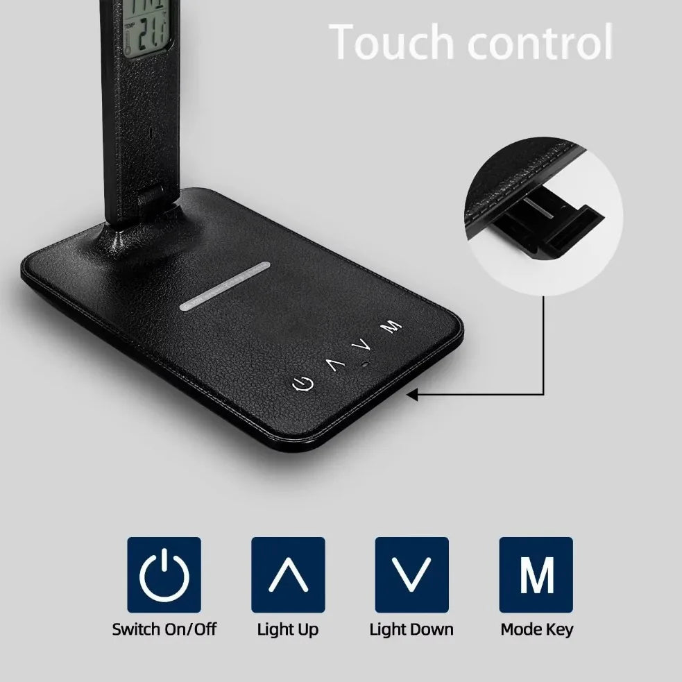 Wireless Charger Pad USB Fast Charging Station LED Desk Lamp Temperature Alarm Clock Eye Protect Study Business Light Table Lamp