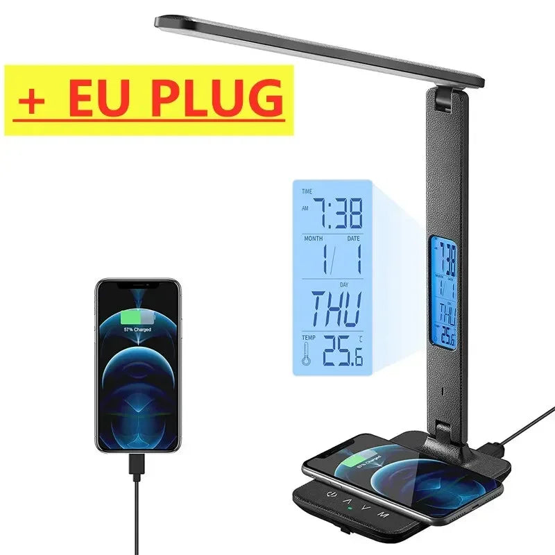 Wireless Charger Pad USB Fast Charging Station LED Desk Lamp Temperature Alarm Clock Eye Protect Study Business Light Table Lamp